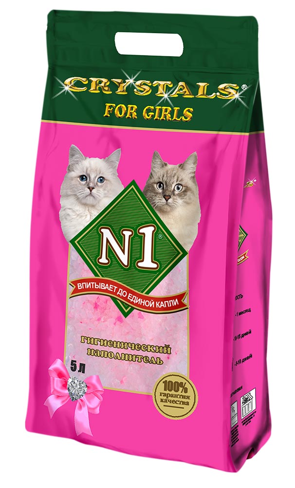Наполнитель N1 Crystals For Girls для кошачьего туалета розовый впитывающий силикагель без запаха 2,1кг 5 л