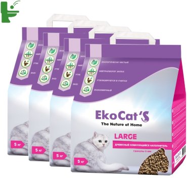 Комкующийся наполнитель Eko Cat's Large древесный, 5 кг, 4 шт