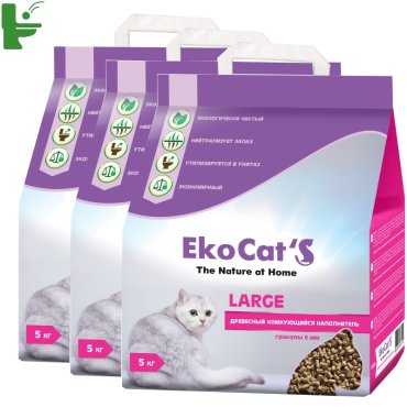 Комкующийся наполнитель Eko Cat's Large древесный, 5 кг, 3 шт