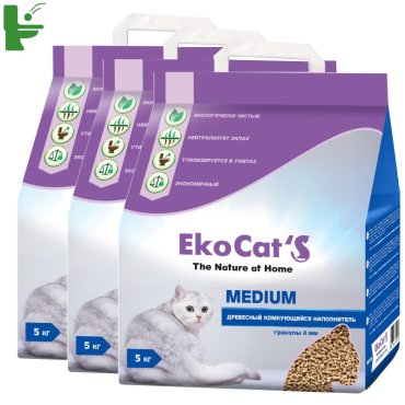 Комкующийся наполнитель для кошек Eko Cat's Medium древесный, 5 кг, 10 л, 3шт