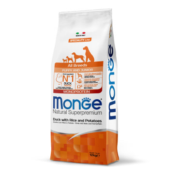 Сухой корм для щенков Monge Dog Monoprotein утка, рис и картофель, 12 кг