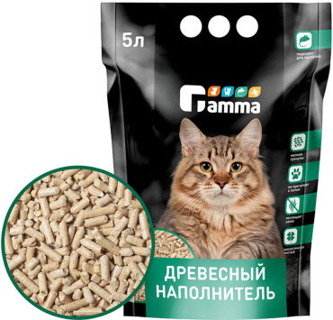 Наполнитель для кошачьих туалетов Gamma древесный впитывающий мелкие гранулы 5л