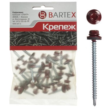 Саморез кровельный, диаметр 4.8х70 мм, 10 шт, красный, пакет, Bartex
