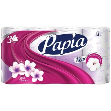 Туалетная бумага Papia, Балийский цветок, 3 слоя, 8 шт, 18.8 м, с втулкой