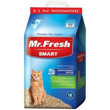 Наполнитель MR.FRESH Древесный комкующийся Smart для короткошерстных кошек, 4,5л/2,1кг