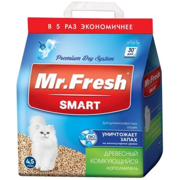Наполнитель MR.FRESH Древесный комкующийся Smart для длинношерстных кошек, 4,5л/2,2кг