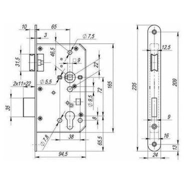 Корпус врезного замка для противопожарных дверей Fuaro FL-0434