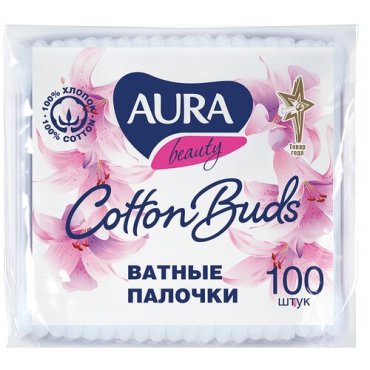 Ватные палочки комплект 100 шт., AURA, полиэтиленовый пакет