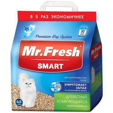 Наполнитель древесный комкующийся Mr. Fresh Smart для туалета длинношерстных кошек (18 + 18 л)