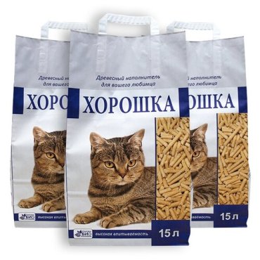 Наполнитель для кошачьего туалета хорошка древесный 15л (упаковка - 3 шт)