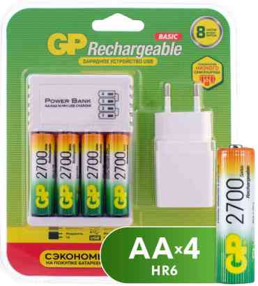 Зарядное устройство USB с 4 аккумуляторами GP Rechargeable + аккумуляторы 2700 мАч АА, 4 шт