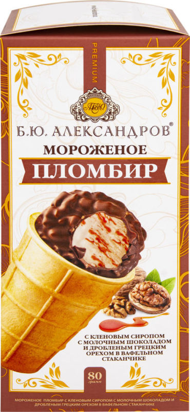 Мороженое БЮАлександров Пломбир с кленовым сиропом с молочным шоколадом и грецким орехом 80г 114₽