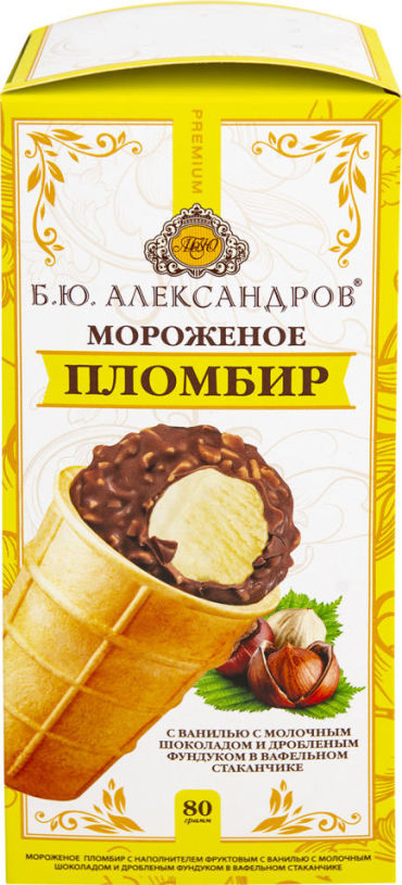 Мороженое БЮАлександров Пломбир с ванилью с молочным шоколадом и фундуком 80г 114₽