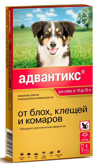 Адвантикс 250 для собак весом 10-25 кг от блохклещей и мух капли на холку 1 пипетка 771₽