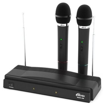 Микрофонная вокальная система беспроводная радио Ritmix RWM-210 два динамических микрофона приём 10метров 1657₽