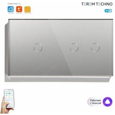 Два умных WiFi выключателя Terem Techno одиночный и двойной TuyaSmart LifeDigma сенсорные серые для Алисы работает и с нулевым проводом и без него 4340₽