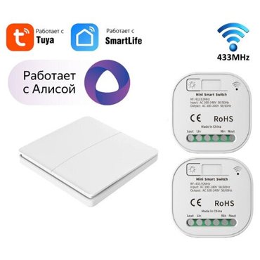 Новый Комплект умное реле 2шт для Алисы от Tuya с WIFI Радио повторитель на 2гр для Алисы RF 433 Mhz стеклянный на батарейках черный 2990₽