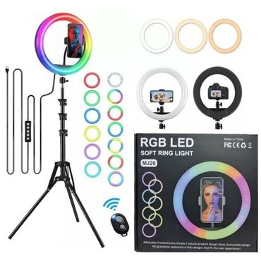 Кольцевая лампа цветная LED RBG 26 см с регулируемым держателем для телефона селфи кнопкой Bluetooth и штативом 205см 1415₽