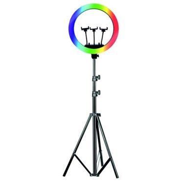 Кольцевая селфи лампа на штативе RGB LED MJ18 с тремя держателями для смартфона диаметр 45 см 5450₽