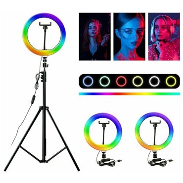 Цветная светодиодная кольцевая лампа 26 см со штативом 210 см селфи кольцо RGB 15 цветовых схем 3 основных и 7 цветов радуги 1690₽