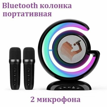 Беспроводная караоке-колонка с Bluetooth-подключением двумя микрофонами и светодиодной подсветкой черная 3699₽