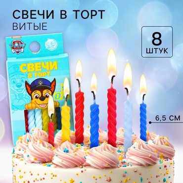 Набор витых свеч в торт 8 шт С Днем Рождения бирюзовый Щенячий Патруль 42₽