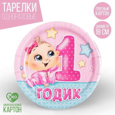 Тарелка бумажная 1 годик девочка 18 см 10₽