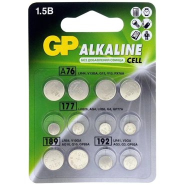 Набор батареек пуговичных GP Alkaline - 12шт LR41LR44LR54LR626 419₽
