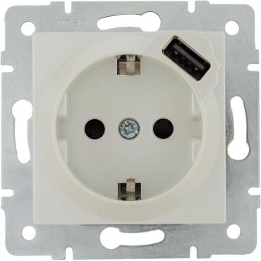 Розетка встраиваемая Lexman Виктория с заземлением разъем USB цвет жемчужно-белый матовый 1188₽