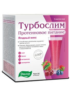 Протеиновое питание коктейль со вкусом ягодный микс Турбослим 5 пакетов-саше по 36 г Эвалар 751₽