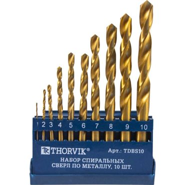 Набор сверл по металлу 10 шт Thorvik TDBS10 1-10 мм HSS TiN 52479 749₽