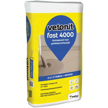 Веберветонит Фаст 4000 универсальный наливной пол 20кг WEBERVETONIT Fast 4000 быстротвердеющий универсальный наливной пол 20кг 496₽