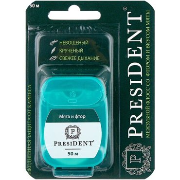 PresiDENT зубная нить Мятная с фтором невощеная 50м мята 424₽