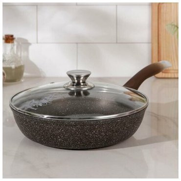 Сковорода d24 см h6 см с ручкой стеклянной крышкой цвет кофейный мрамор 3258₽