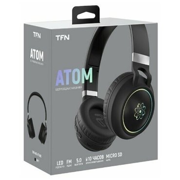 Наушники TFN Atom беспроводные накладные микрофон FM microSD 300мАч подсветка черные 3235₽