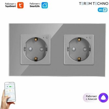 Умная двойная WiFi встроенная розетка Terem Techno с Алисой 16А TuyaSmart LifeDigma с таймером стеклянная серая с голосовым управлением умным домом 2680₽