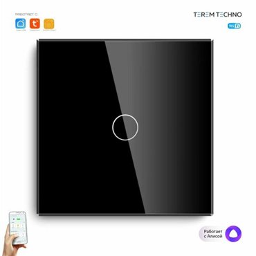 Умный WiFi выключатель Terem Techno с Алисой с нулем и без нуля одиночный сенсорный с металлической рамкой черный с таймером и голосовым управлением Tuya Smart Life Digma умным домом 1075₽
