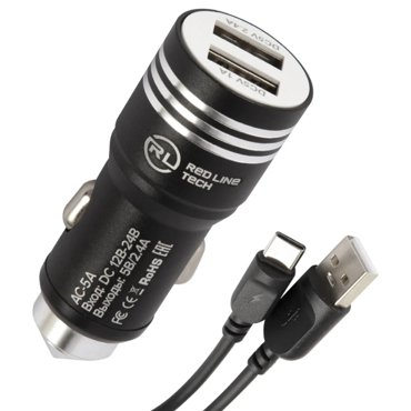 Автомобильное зарядное устройство Red Line AC-5A 2xUSB 24А кабель USB Type-C черный УТ000028597 345₽