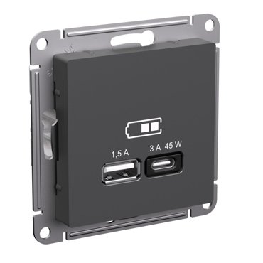 Розетка USB AC 2-местная 15А и 3А Systeme Electric Schneider Electric Atlas Design базальт ATN001429 5958₽
