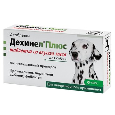 Антигельминтик для собак KRKA Дехинел Плюс со вкусом мяса 1 таб на 10кг 2 таб 478₽