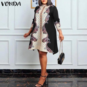 Летние женские свободные повседневные платья VONDA с коротким рукавом 34 и большим размером с принтом и подолом 1649₽