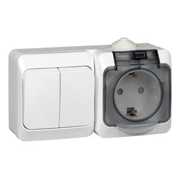 Выключатель с розеткой Schneider Electric Этюд Bpa16-242B 2-клавишный ОП IP44 белый 1189₽