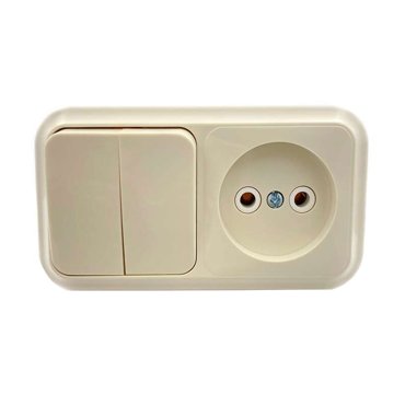 Блок выключателя с розеткой Svet EV0362-5242 двухклавишный бежевый без заземления 682₽