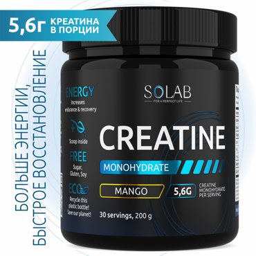 Креатин моногидрат SOLAB порошок 30 порций Creatine Monohydrate вкус манго 200 гр 758₽