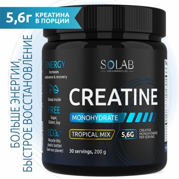 Креатин моногидрат SOLAB порошок 30 порций Creatine Monohydrate вкус тропик 200 гр 738₽