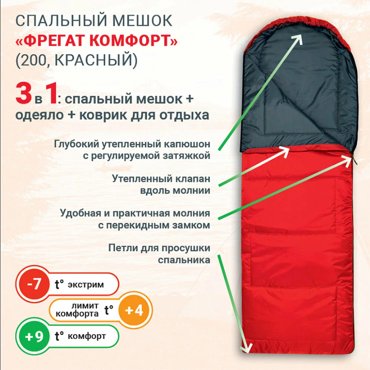 Спальный мешок Фрегат Комфорт 200 красный молния слева 3413₽