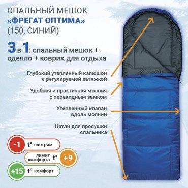 Спальный мешок Фрегат Оптима 150 синий молния слева 2560₽