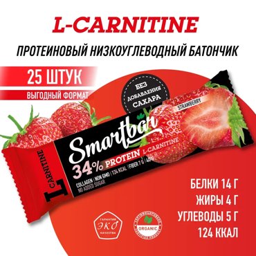 Протеиновые батончики Smartbar Protein L-carnitine Клубника без сахара 25 шт по 40 г 1552₽