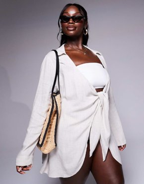 Пляжное платье-маскарад ASOS DESIGN Curve Isabel из льняной смеси с завязками спереди из натурального 8190₽