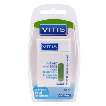 DENTAID Нить межзубная в твердой упаковке Vitis Waxed Dental Tape with Fluoride and Mint 50 м